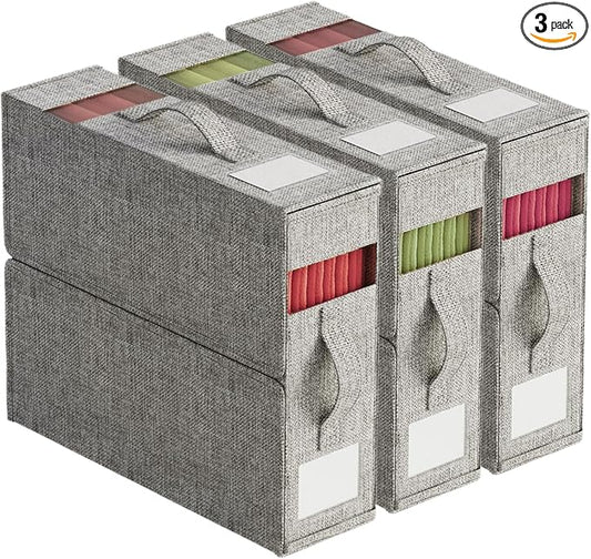 3Pack Sheet Organizers and Storage with Handles – Foldable Linen Closet Storage for King & Queen Sheet Sets – Clear Window & Removable Labels – Dustproof & Space-Saving Design, Grey
