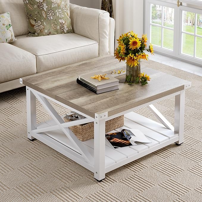 YITAHOME Farmhouse Coffee Table, Square Coffee Tables for Living Room, Vintage Living Room Table with Shelf, Coffee Table with Storage, Grey Wash