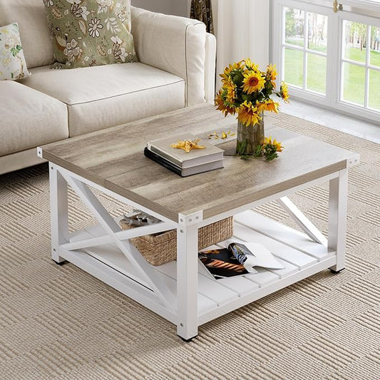 YITAHOME Farmhouse Coffee Table, Square Coffee Tables for Living Room, Vintage Living Room Table with Shelf, Coffee Table with Storage, Grey Wash