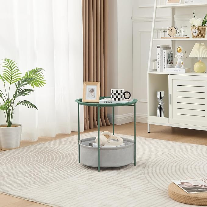 VECELO Round Side/End Table with Fabric Storage Basket，Metal Anti-Rust and Waterproof Small Bedside Nightstand with Removable Tray Top for Living Room，Balcony & Laundry，Dark Green /1pcs with Basket