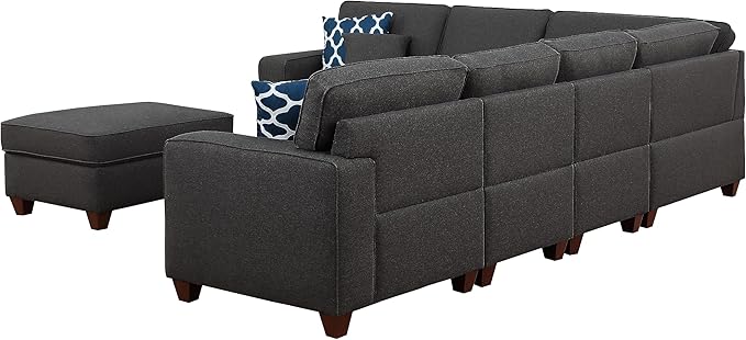 Ball & Cast 116" L-Shaped Sectional Couch with Movable Ottoman and 6 Throw Pillows,7 Seat Chenille Upholstered Sectional Sofa W/Wide Armrest,DIY Combination,Comfy Sectionals Set for Living Room,Gray