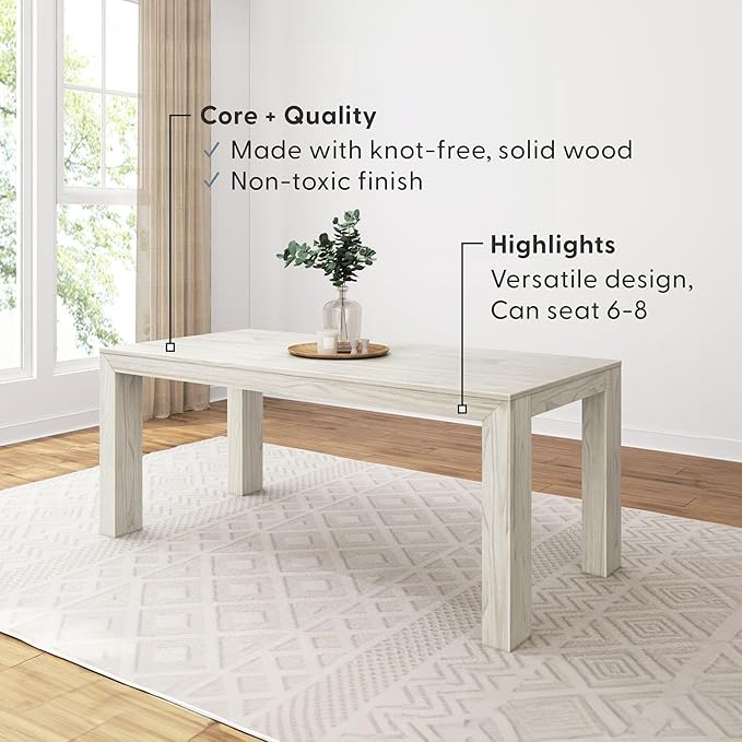 Plank+Beam 72 Inch Modern Solid Wood Dining Table - Solid Pine, Wirebrush Finish, Seats 6, Non-Toxic Finish, Easy Assembly, for Kitchen or Office, White Sand Wirebrush