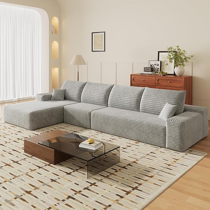 135" Corduroy Couch Sectional with Chaise, L Shape Boneless Cloud Couches for Living Room Bedroom, Modular Corner Couch, Fluffy Deep Seat Compression Sofa, Left Facing Chaise, No Assembly, Grey