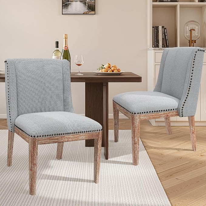 Dining Chair Set of 2, Upholstered Fabric Kitchen Side Chairs with Solid Wood Legs, Comfortable Seating for Kitchen, Dining Room & Restaurant, Grey