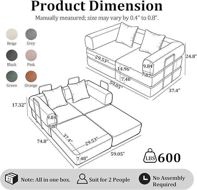 Convertible Compressed Corduroy Folding Cloud Sofa Bed, 59'' Modern Boneless Pull Out Loveseat Sleeper in a Box, 5 in 1 Floor Mattress Futon Cloud Couch, No Assembly Needed, Orange, 2 Pillows, Queen