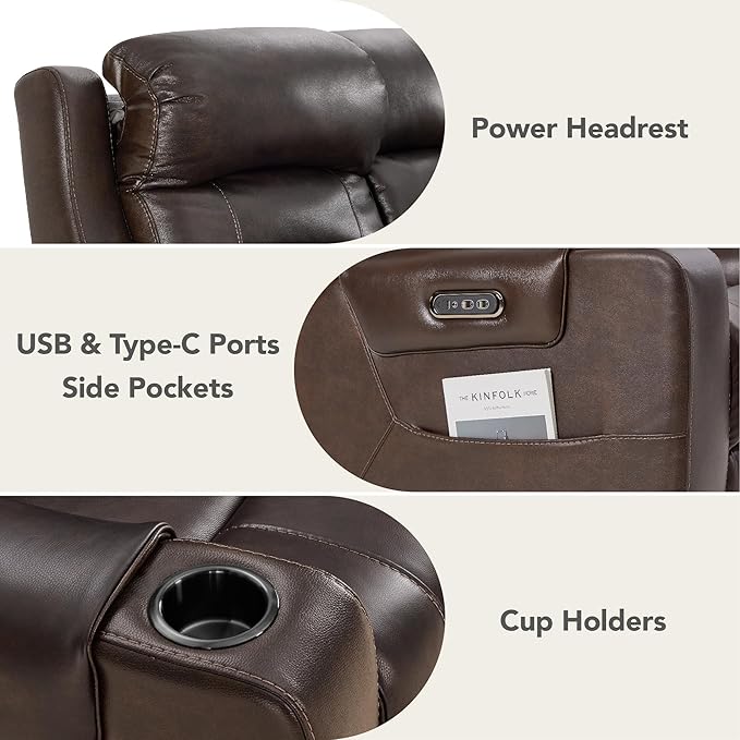 Watson & Whitely Genuine Leather Power Reclining Sofa, 3-Seater Lay Flat Recliner Sofa with Power Headrest, Cup Holders, USB & Type-C Ports, Electric Reclining Couch for Living Room, Dark Brown