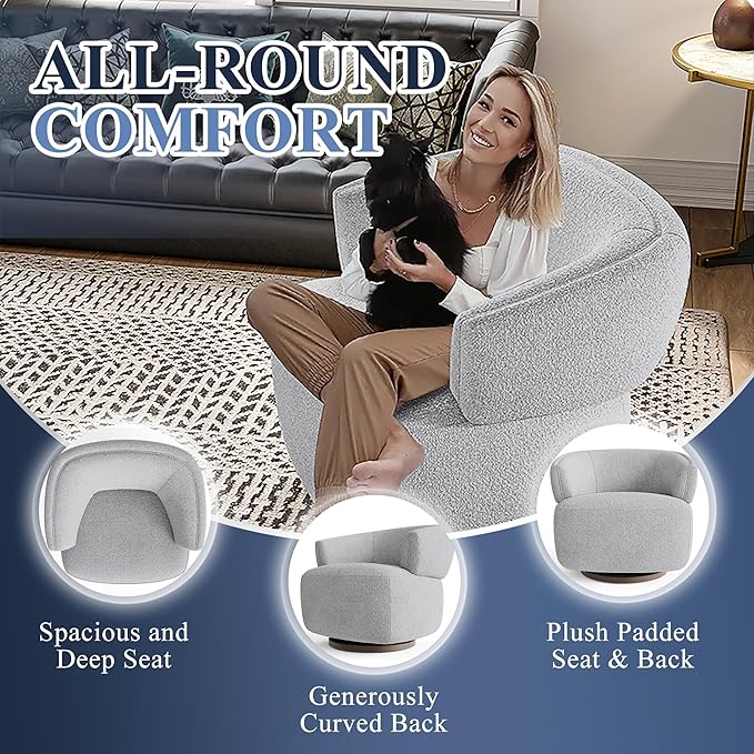 Swivel Barrel Chair, Oversized Accent Chair for Living Room，Lounge Sofa Chair with 360-Degree Base, Upholstered Reading Chair, Modern Round Club Chair for Bedroom, Office, Grey
