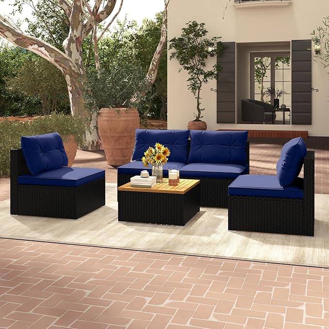 Tangkula 5 Piece Rattan Sofa Set, Outdoor Wicker Furniture Set w/Seat & Back Cushions, Square Coffee Table, Patio Sofa Set for Backyard, Poolside (Navy)