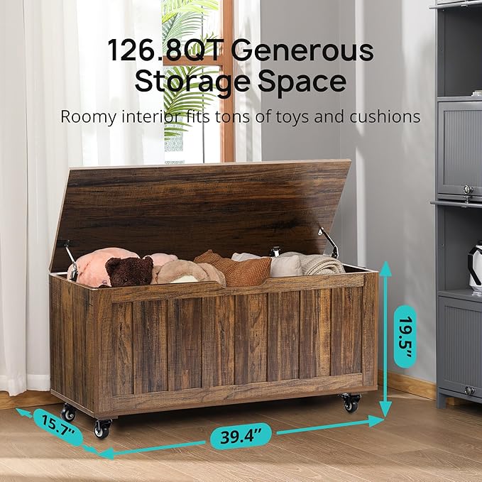 HYZ Storage Chest, 39.4'' Wooden Storage Bench with 4 Wheels & 2 Safety Hinges, Retro Toy Box Support 300 lbs for Bedroom, Living Room, Easy Assembly, Vintage Brown