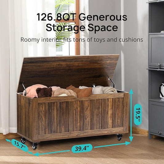 HYZ Storage Chest, 39.4'' Wooden Storage Bench with 4 Wheels & 2 Safety Hinges, Retro Toy Box Support 300 lbs for Bedroom, Living Room, Easy Assembly, Vintage Brown