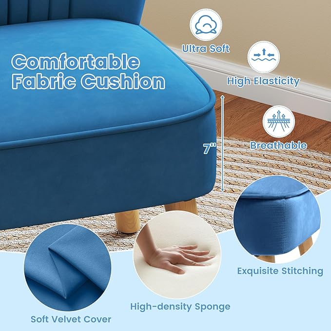 KOMFOTT Velvet Accent Chair, Modern Armless Sofa Chair with Solid Rubber Wood Legs, Wingback Leisure Chair with Thick Cushion, Upholstered Side Chair for Living Room, Bedroom, Blue