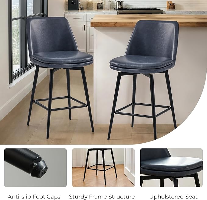 CHITA Swivel Bar Stools, 27.2" Counter Height Bar Stools Set of 2, FSC Certified Upholstered Modern Counter Stools, Metal Legs, Faux Leather, Blue