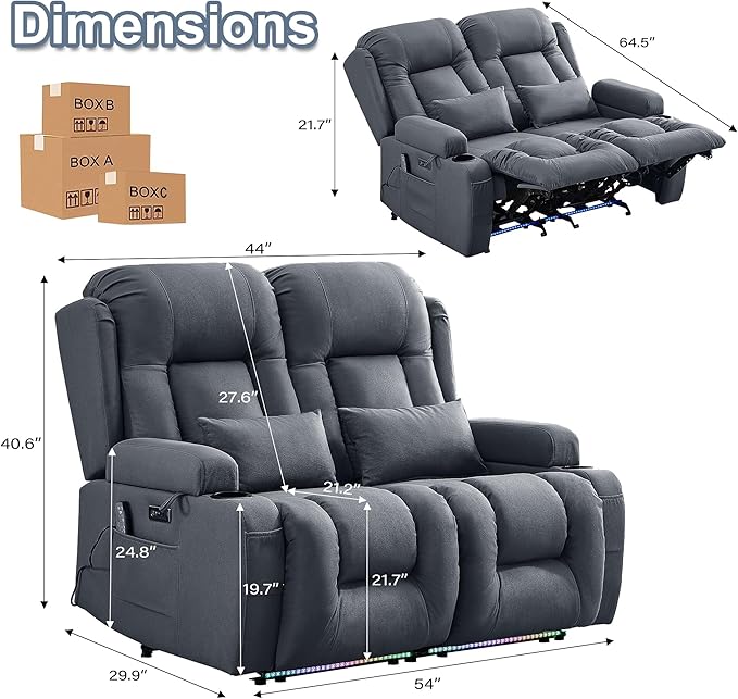 TUNYI Wall Hugger Loveseat Recliner Sofa with Console, Power Reclining Loveseat RV Couch with Massage & Heat/USB/Outlet/Storage/LED Light/Speaker (Blue, Loveseat)