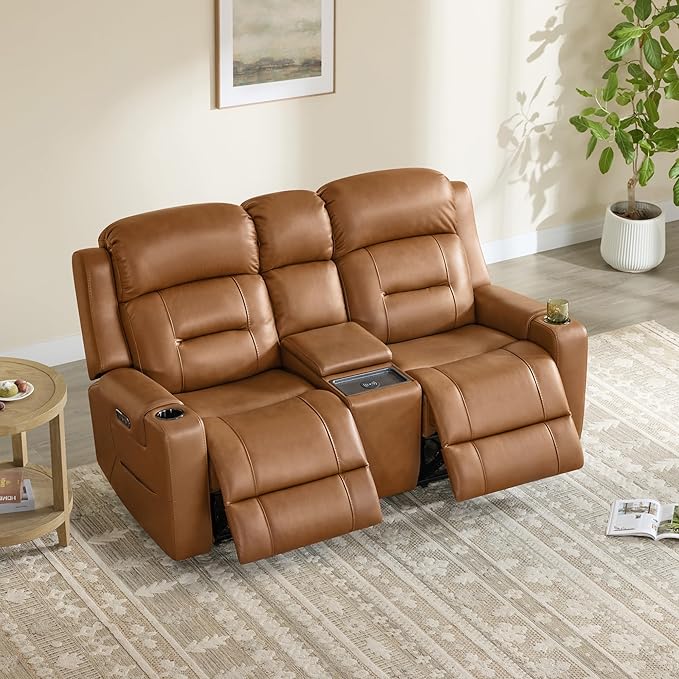 Watson & Whitely Genuine Leather Power Loveseat Recliner Sofa, Lay Flat Reclining Sofa with Console, Power Headrest, Cup Holders & Wireless Charging, Dual Recliner for Living Room, Saddle Brown
