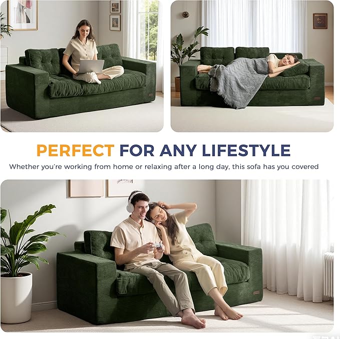 MAXYOYO Oversized Loveseat Sofa Couch, Upholstered Bean Bag Chair Cloud 3-Seat for Adults, Boneless Couch with Tufted Cushion & Pillows, Sofa in A Box, No Assembly Required, Dark Green