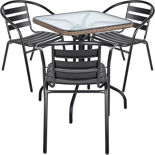 BTEXPERT Indoor Outdoor 28" Tempered Glass Trim Restaurant Aluminum Slat Stack Lightweight, 3 Metal Chairs with a Square Rattan Table, Black/Brown