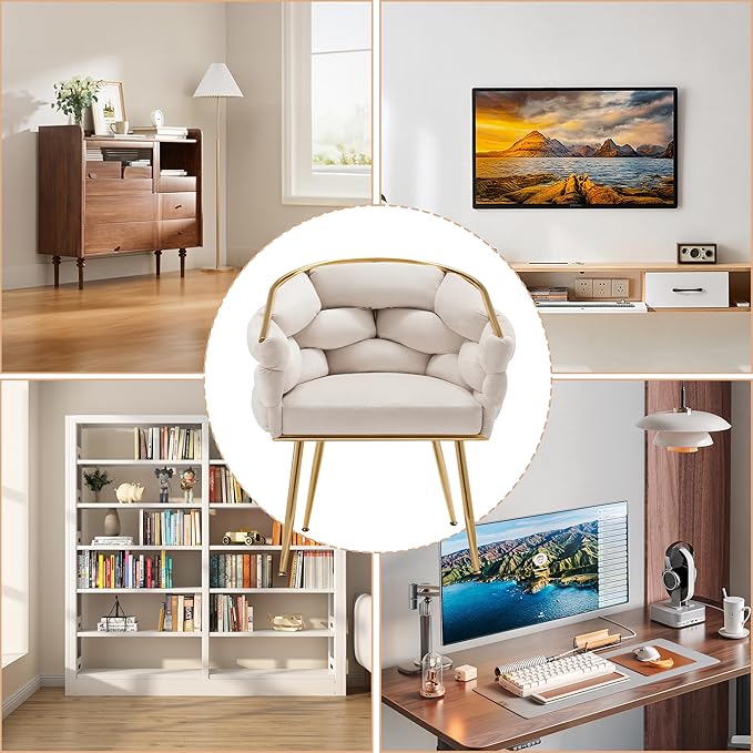 Luxury French Weave Accent Chair with Metal Legs, Mid Century Modern Lounge Chair for Living Room Bedroom Office, Industrial Chic Design Soft Cushion Sturdy Frame 350lb Capacity, White