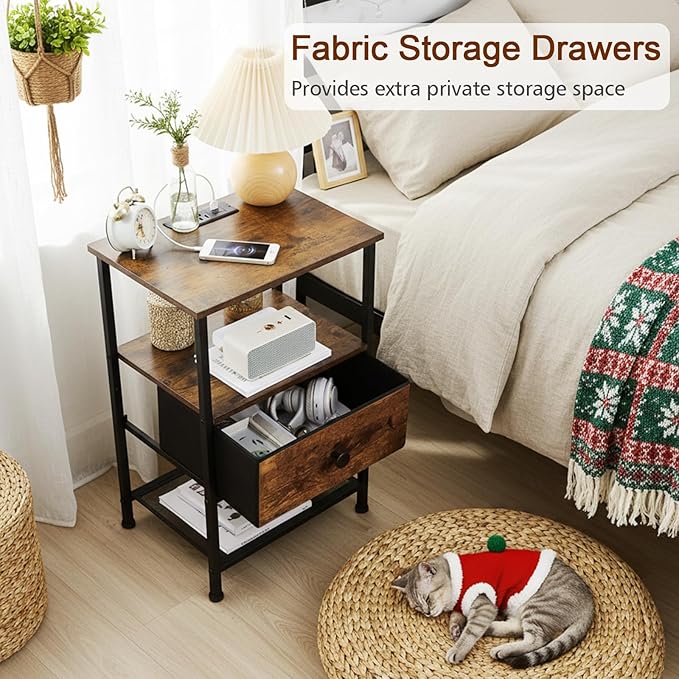 Night Stand Set 2, LED Nightstand with Charging Station, End Tables Living Room with Fabric Drawer for Small Spaces, Bed Side Tables with Storage Shelf for Bedroom, Brown, HETS01PBR