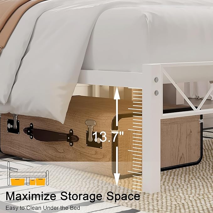 VECELO Full Size Bed Frame with Headboard, Heavy-Duty Platform Bedframe with Metal Slats Support, No Box Spring Needed, Easy Assembly, White & Natural