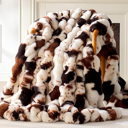Faux Fur Throw Blanket, 1000GSM Fluffy Soft Bubble Blanket for Couch Bed, Cozy Plush Warm and Thick Blanket, Fuzzy Rabbit Throw for Living Room Bedroom 80''*90'' Cow Brown