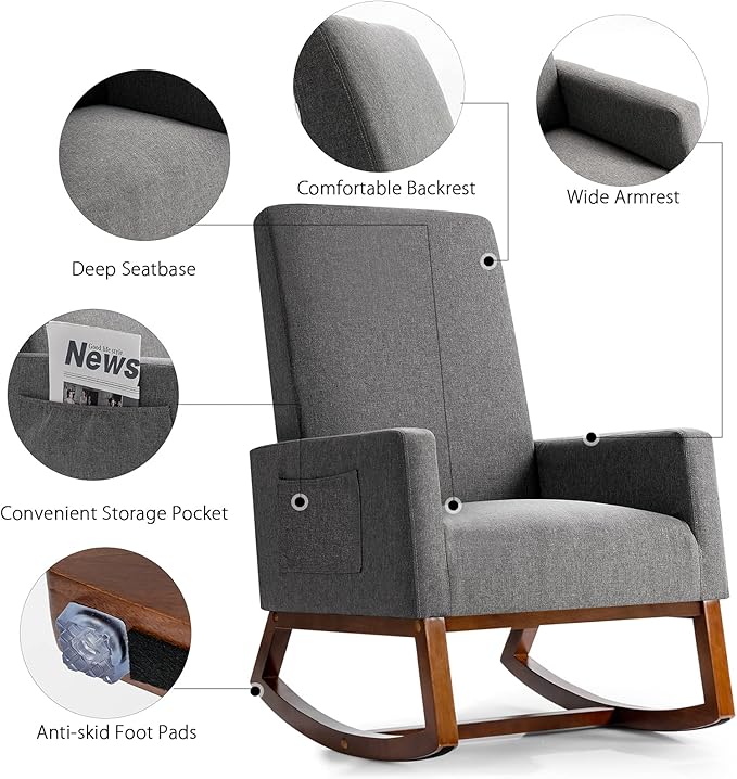 Giantex Upholstered Rocking Chair, Modern Fabric Armchair w/Wood Base, Side Pocket, Linen Padded Seat, High Back Accent Glider Rocker Chair, Mid-Century Leisure Chair for Nursery, Living Room (Gray)