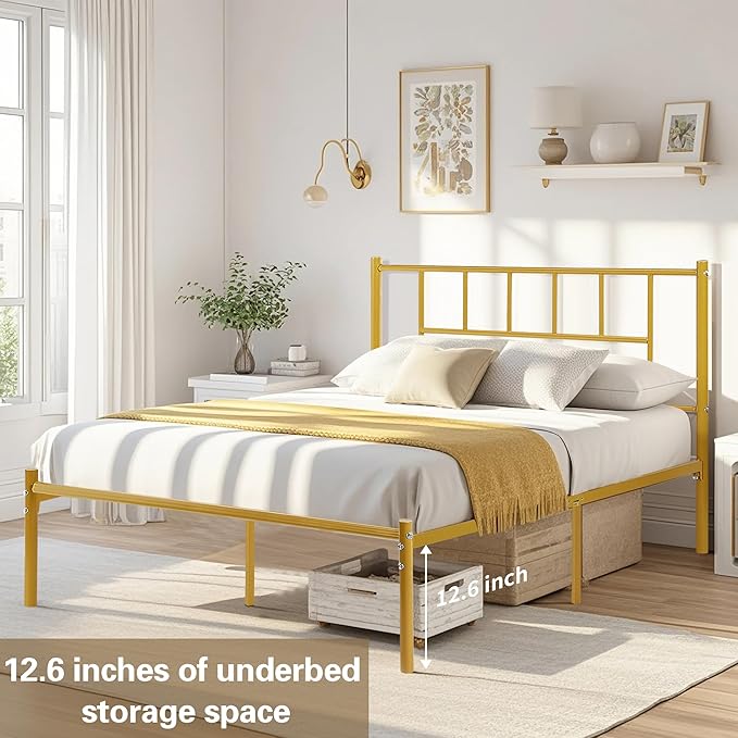 VECELO Queen Metal Platform Bed Frame with Headboard, Heavy Duty Steel Slat Support, Under Bed Storage,No Box Spring Needed, Easy Assembly