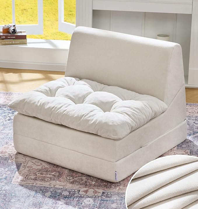 Hobestluk Sofa Couch Folding Sofa Bed Comfy Floor Lounger Convertible Sofa with Removable Cushion Couches for Small Spaces Foldable Mattress for Living Room Bedroom or Office (Chenille Beige, Large)