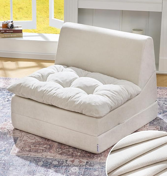 Hobestluk Sofa Couch Folding Sofa Bed Comfy Floor Lounger Convertible Sofa with Removable Cushion Couches for Small Spaces Foldable Mattress for Living Room Bedroom or Office (Chenille Beige, Large)