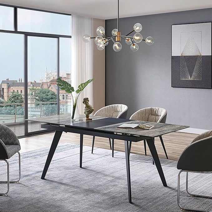 Acanva Expandable Dining Table for 6-8 Seat, Modern Rectangle Design with Extension Leaf for Kitchen Restaurant, Thicker Top and Carbon Steel Pedestal, 67’’(+18’’)x35.3’’x30’’, French Oak Grey/Black