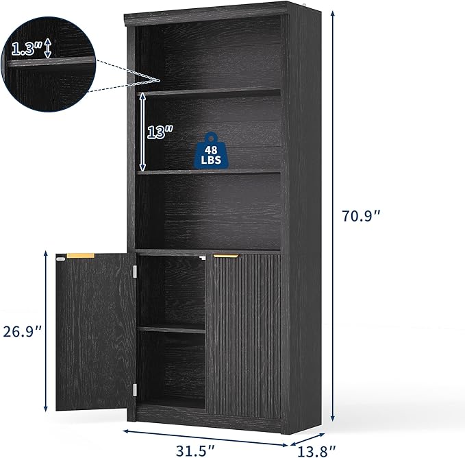 Garvee Tall Book Shelf and Bookcase, Wooden Bookcase with Doors, Modern Book Case with Large Storage Cabinet, 5-Shelf Bookcases with Adjustable top Shelve for Home Office, Living Room, 2 Set Black