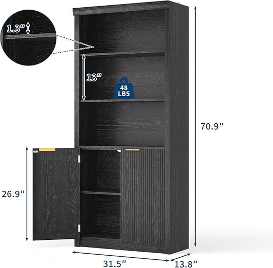 Garvee Tall Book Shelf and Bookcase, Wooden Bookcase with Doors, Modern Book Case with Large Storage Cabinet, 5-Shelf Bookcases with Adjustable top Shelve for Home Office, Living Room, 2 Set Black