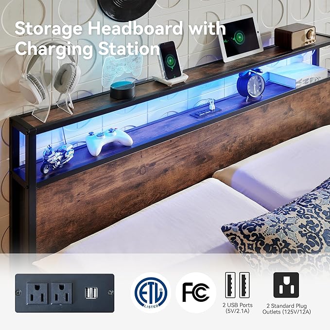 BedsPick Queen Bed Frame with 2-Tier Storage Headboard, Metal Platform Queen Size Bed Frame with Smart LED Lights & USB Charging Station, Noise-Free/Metal Support/No Box Spring Needed, Brown