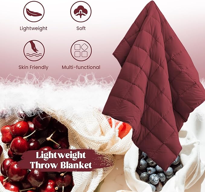 puredown® Soft Feather Down Throw Blanket Lightweight Packable Couch Throw for Indoor and Outdoor Use, Throw 50"X70", Wine