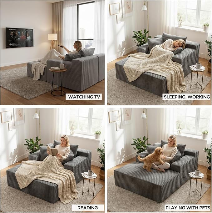 Sytopia Chaise Lounge with Armrests, Oversized Sofa Bed with 3 Pillows, Cozy Couch, Sleeper Reading Chair for Living Room Bedroom, Floor Sofa Corduroy, Furniture Sala, Urban Grey