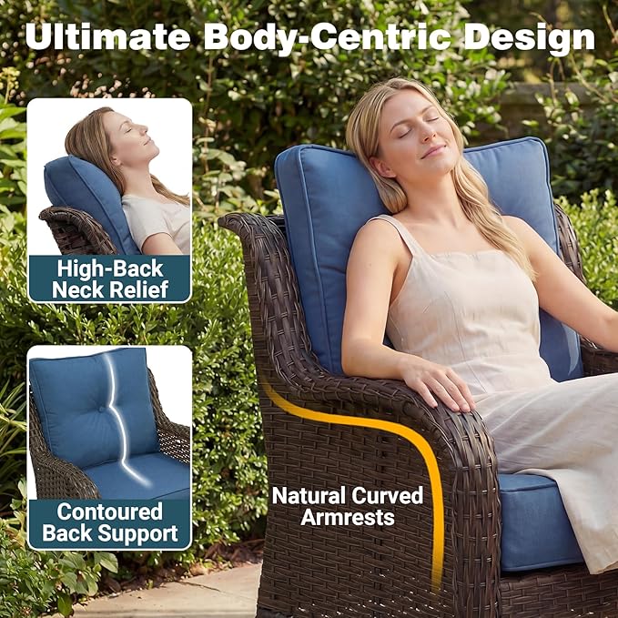 Patio Furniture Set, 5PCS Outdoor Wicker Conversation Set with 6" Thick Cushions, High Back Swivel Rocker Chairs, Weather Resistant Olefin Fabric for Garden, Poolside, Navy Blue