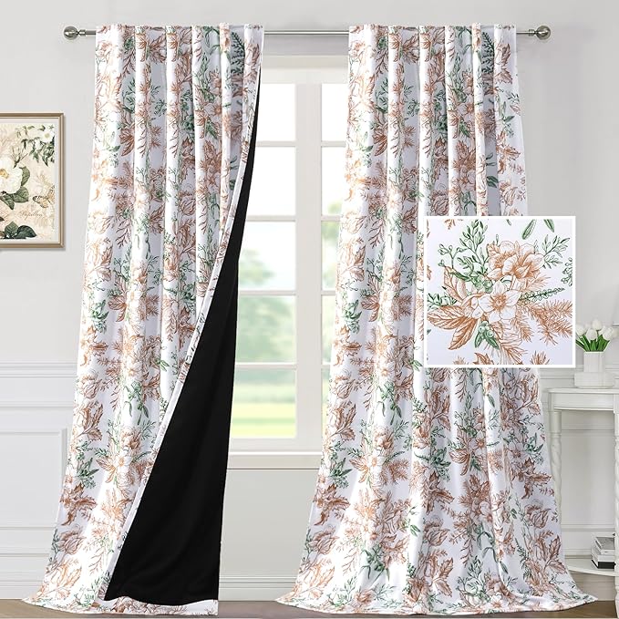 H.VERSAILTEX 100% Blackout Curtains for Bedroom Vintage Floral Curtains 108 Inches Long Back Tab/Rod Pocket Curtains & Drapes Thermal Curtains Window Panels with Black Liner 2 Panels, Caramel/Moss