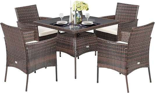 Tangkula 5 Pieces Wicker Patio Dining Set, Outdoor PE Rattan Chairs Table Set with 4 Seat Cushions, Patio Dining Furniture with Tempered Glass Tabletop, Suitable for Porch, Yard