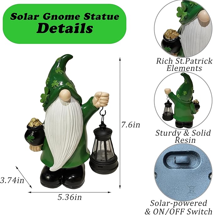 St Patrick's Day Gnome Decorations Outdoor, Solar Leprechaun Decor with Pot of Gold, Resin Figurine with Shamrocks & Solar Light for Garden Patio, Gift Luck and Fortune