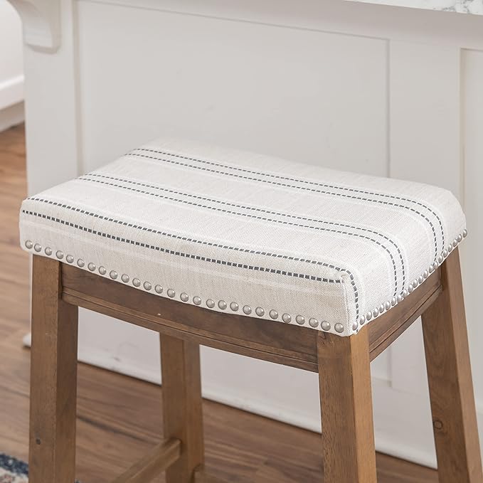 Linon Kingston Natural Wood with Upholstered Linen seat 24 Inch Seat Height Backless Counter Stool