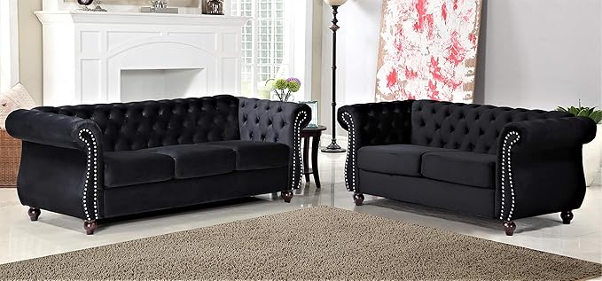 Container Furniture Direct Feinstein Modern Velvet Chesterfield Couches for Living Room with Nailheads, Diamond Tufting & Durable Metal Frame, Loveseat, Black