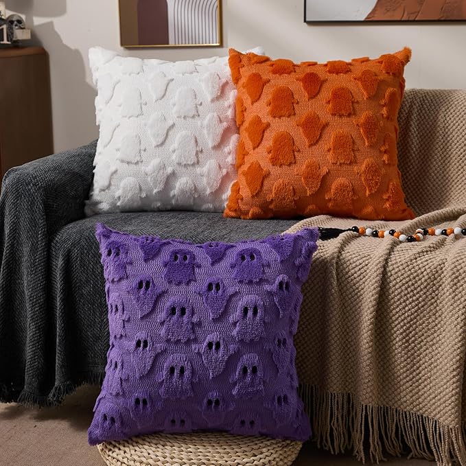 DFXSZ Halloween Pillow Covers 16x16 inch Set of 2 Purple Ghost Throw Pillow Cases Soft Plush Faux Fur Wool Couch Cushion Case for Chair Sofa Bedroom Living Room Home Decor PTK03E16
