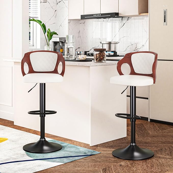 VECELO BarStools Set of 2,Counter Height Stools with Bentwood Back&Arm, Swivel Barstools,PU Leather Kitchen Island Stools, Adjustable Height Bar Chairs for Club Pub Dining Room,White