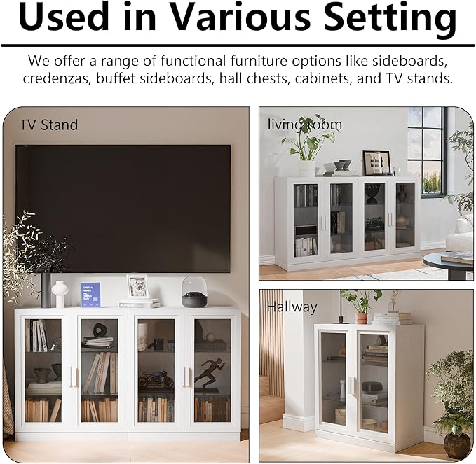 Casaphoria Adam Sideboard Buffet Cabinet with Storage, Display Cabinet with Glass Doors & Adjustable Shelves, 62" W x 36" H Buffet Cabinet for Entryway Kitchen Living Room, White