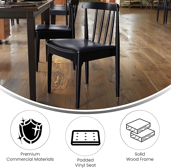 Flash Furniture Chester Solid Wood Dining Chair, Commercial Grade Restaurant Chair with Curved Spindle Backrest and Vinyl Padded Seat, Set of 2, Black/Black