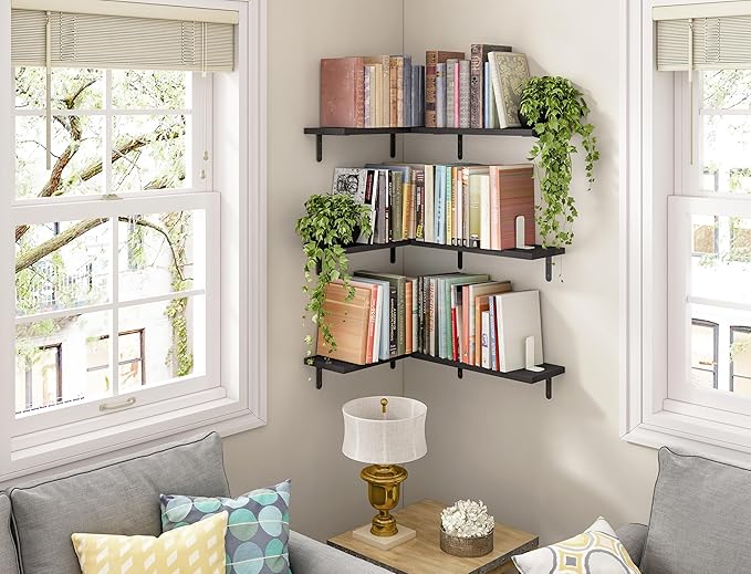 Fixwal Black Wall Floating Shelves for Bedroom, Shelves for Room Wall Set of 6, Wall Mounted Shelf for Bathroom, Kitchen and Living Room Storage- Black