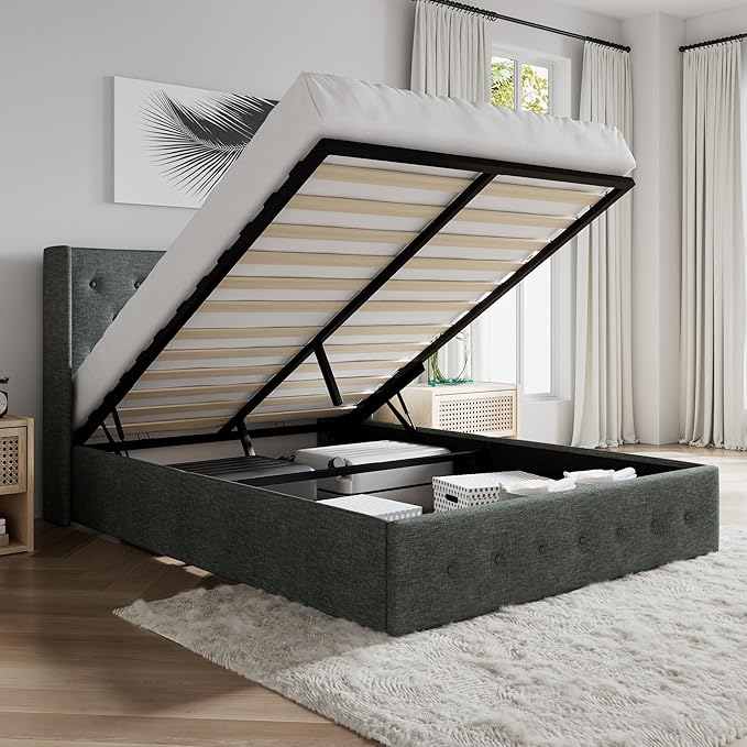 SHA CERLIN Full Size Lift Up Storage Bed Frame,Button Tufted Wingback Headboard,Upholstered Platform,Hydraulic Storage,Wooden Slat Support,No Box Spring,Dark Grey