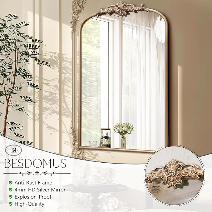 Besdomus Large Antique Wall Mirror: 24"x36" Arched Champagne Gold Vintage Wall Mounted Mirror - Traditional Ornate Home Decor for Entryway/Bedroom/Bathroom - Baroque Idea for Housewife
