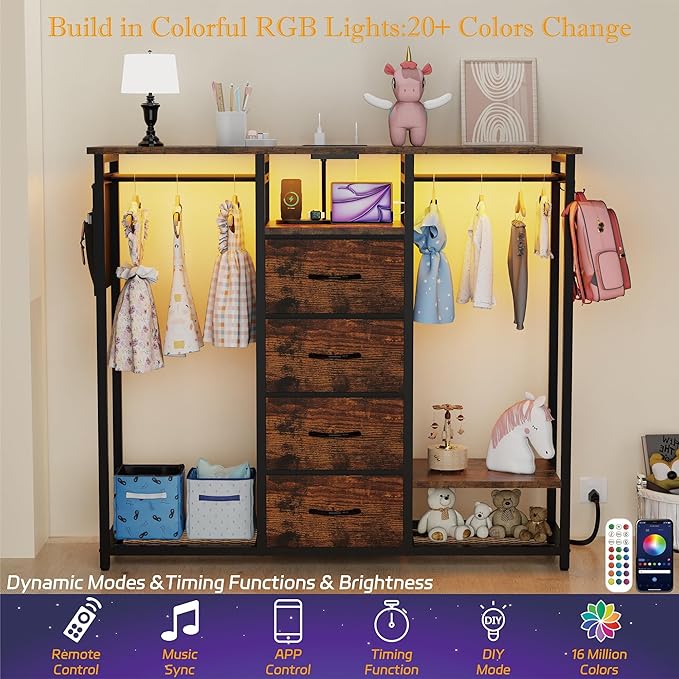 Dresser for Bedroom with 2 Hanging Racks, 4 Drawer Storage Unit with Led Light and Charging Station, Brown Dresser with Clothes Rack, Bedroom Organization with Side Pocket and Hooks, Brown