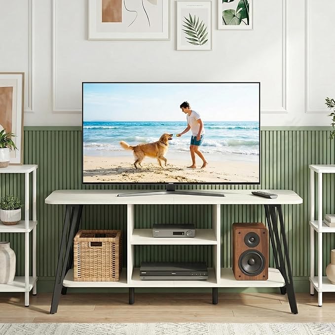 Manora TV Stand for TVs up to 55 Inch, Simple Modern Entertainment Center with 3 Tier Open Storage Shelves, TV Console Table for for Living Room, Bedroom, White