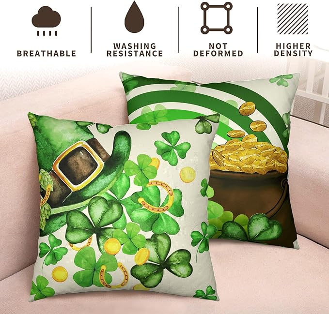Happy St Patricks Day Shamrock Lucky Charm Blessed Hat Pillow Covers 16x16 Set of 2 Green Clover Stripes St Patrick's Day Decorative Pillow Cases Spring Holiday Farmhouse Decor